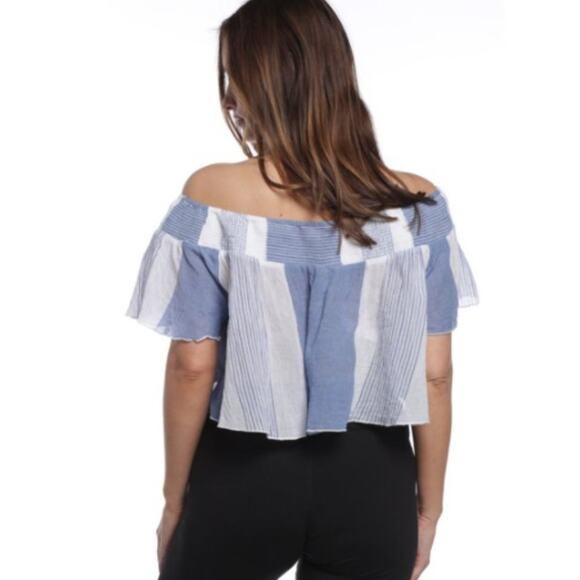 NWT Elan Blue & White Cropped Smocked Striped Off-Shoulder Top Size: Medium - Picture 15 of 15